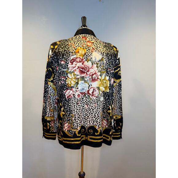 Linda Allard Ellen Tracy 100% Silk Baroque Floral Leopard Print Blouse Size 10 - Picture 2 of 4